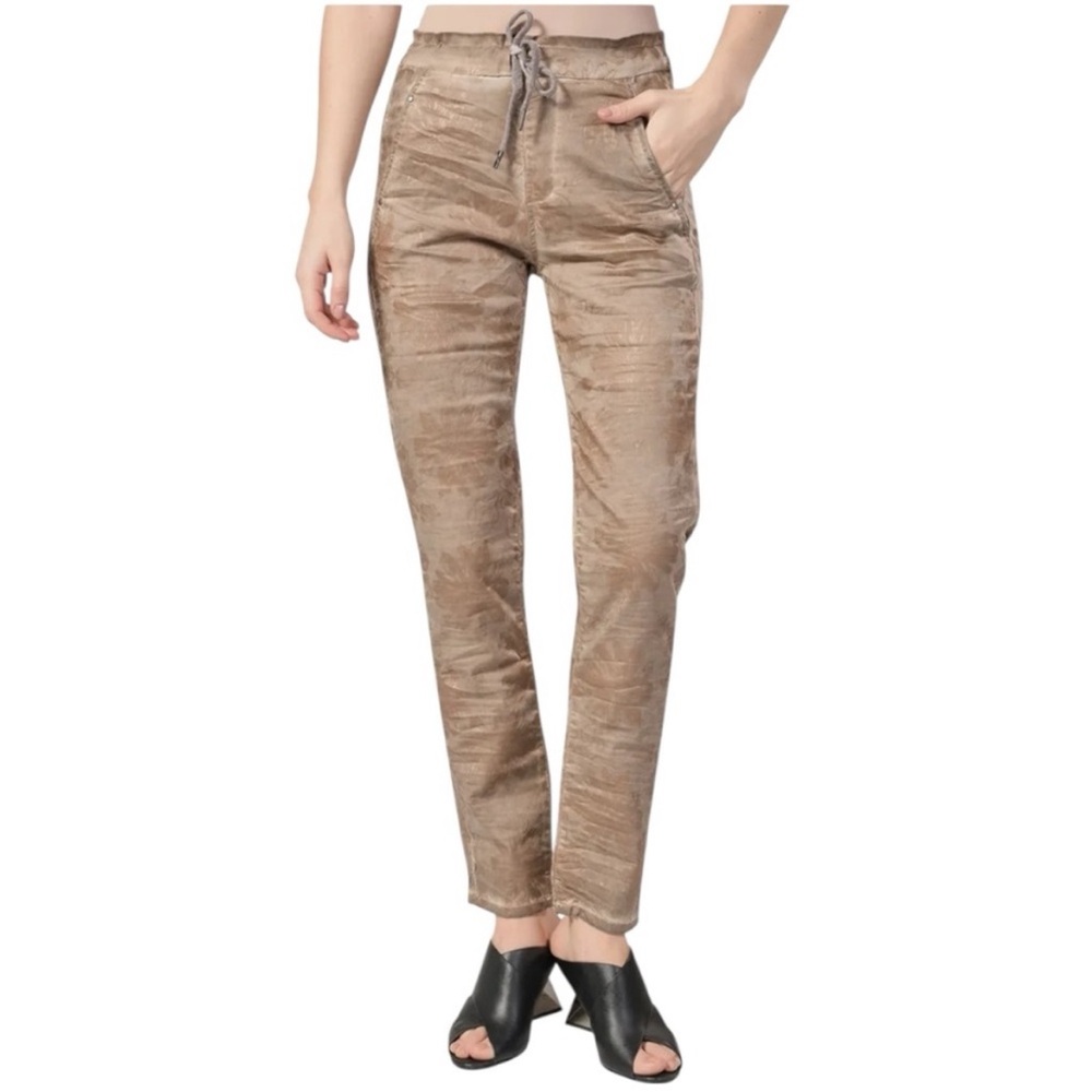 Alembika Floral Iconic Stretch Jeans Gold Wash Drawstring Tapered Sz. 5 | 14-16